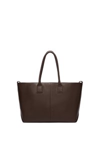 Brązowa torba typu tote ze skóry z dwoma uchwytami, prostokątnym kształtem, gładką fakturą i minimalistycznym designem. Na przedniej stronie znajduje się subtelne logo marki.