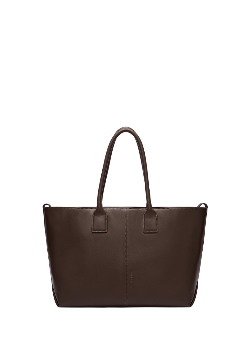 Brązowa torba typu tote ze skóry z dwoma uchwytami, prostokątnym kształtem, gładką fakturą i minimalistycznym designem. Na przedniej stronie znajduje się subtelne logo marki.