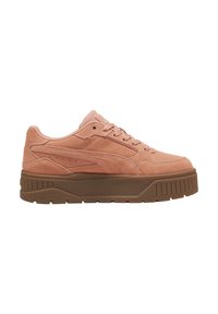 Light pink suede sneaker featuring a thick brown rubber sole, rounded toe, and lace-up front with subtle branding on the tongue.