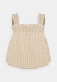 Top beige a quadri con corpino arricciato, spalline ruffle e silhouette fluida. Tessuto leggero con una sottile texture e motivo.