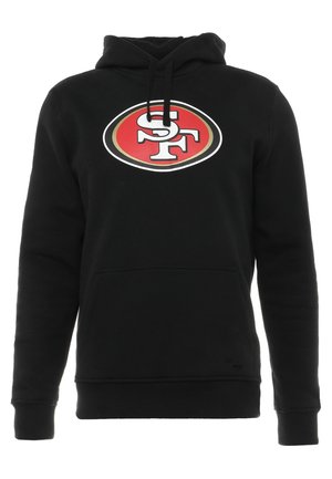 Black hoodie made of soft material featuring a front kangaroo pocket, drawstring hood, and a large red and white San Francisco 49ers logo.