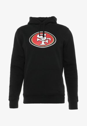 Black hoodie made of soft material featuring a front kangaroo pocket, drawstring hood, and a large red and white San Francisco 49ers logo.