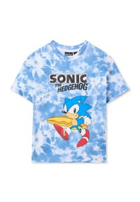 T-shirt in cotone tie-dye blu con una grafica di Sonic the Hedgehog in movimento, con colori vivaci, maniche corte e collo rotondo.