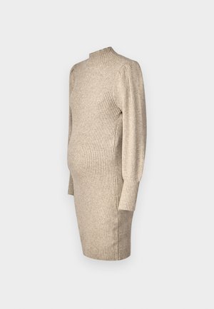 Gebreide zwangerschapsjurk in lichtbeige, met een hoge halslijn, geribbelde textuur, lange mouwen en een aansluitende silhouet met zijsplitten.