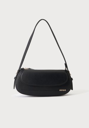 Black leather shoulder bag with curved flap, gold "HUGO" logo on front, and single adjustable strap.