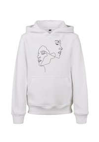 Vit huva sweatshirt med en svart linjeteckning av två överlappande ansikten på framsidan. Inkluderar en framficka och ribbad mudd.