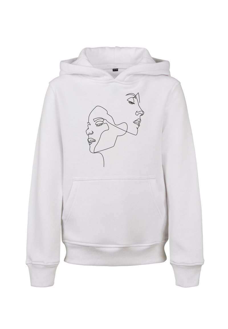 Vit huva sweatshirt med en svart linjeteckning av två överlappande ansikten på framsidan. Inkluderar en framficka och ribbad mudd.