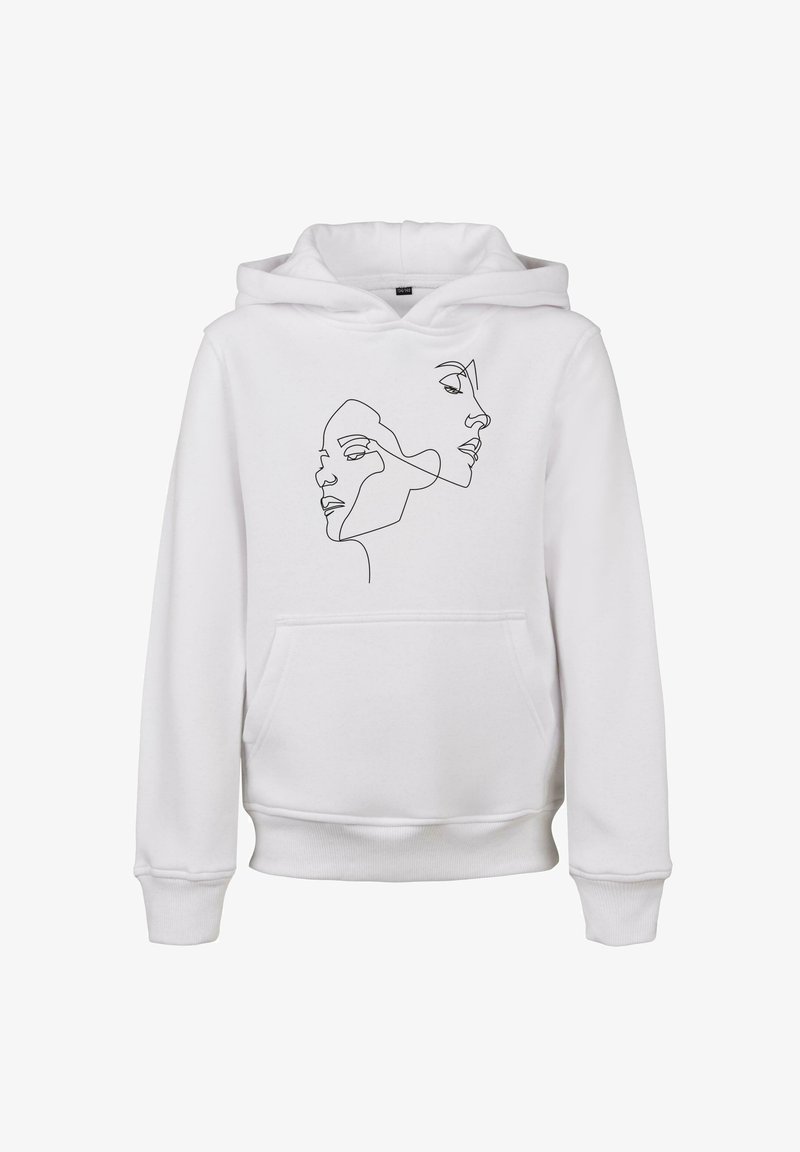 Biely mikina s kapucňou, ktorá má na prednej strane čierny lineárny dizajn dvoch prekrytých tvárí. Obsahuje predné vrecko a rebrované manžety.