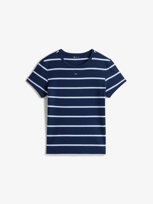 Tricou din bumbac de culoare bleumarin, cu dungi albe orizontale. Prezintă un guler rotunjit și mâneci scurte. Logo mic pe piept.