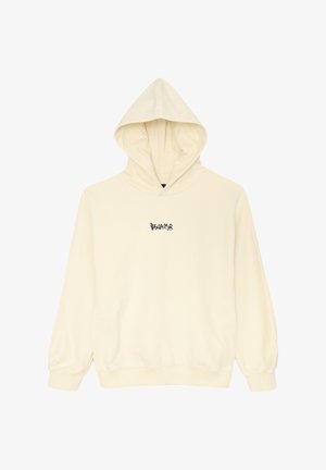 Felpa color crema con tasca frontale, cappuccio con cordino e polsini a costine. Presenta un logo nero sul petto. Tessuto morbido.