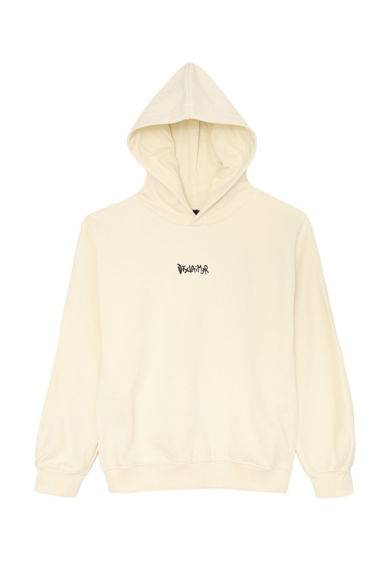 Felpa color crema con tasca frontale, cappuccio con cordino e polsini a costine. Presenta un logo nero sul petto. Tessuto morbido.