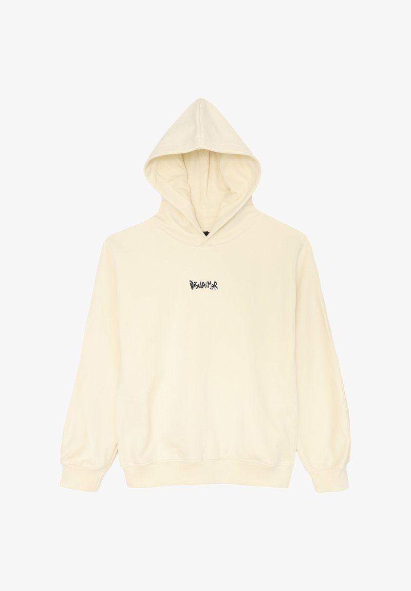 Felpa color crema con tasca frontale, cappuccio con cordino e polsini a costine. Presenta un logo nero sul petto. Tessuto morbido.