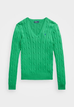 Groen gebreid sweater met een V-hals, voorzien van een kabelpatroon en geribbelde manchetten en zoom. Kleine logoaccent op de borst.