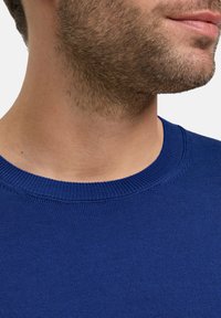 Blauer gestrickter Pullover mit Rundhalsausschnitt und gerippter Textur, aus nächster Nähe aufgenommen, um Details des Stoffes und des Hauttons zu zeigen.