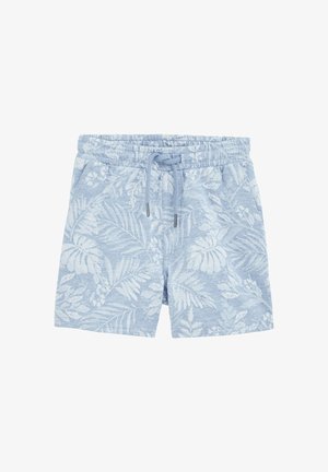 Heledad sinine lühike püksid pehmest kangast, millel on valge lehe muster, elastne vöökoht paeltega ja küljetaskud.