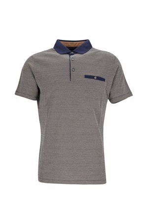 Graues Polohemd mit kurzen Ärmeln, marineblauem Kragen und Brusttasche mit Knopf, strukturierter Stoffmuster.
