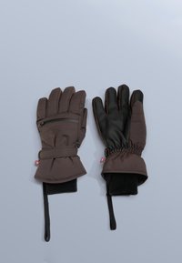 Temno rjave izolirane rokavice s prešitim vzorcem, s črno teksturirano dlanjo, elastičnimi manšetami in majhnim žepkom z zadrgo.