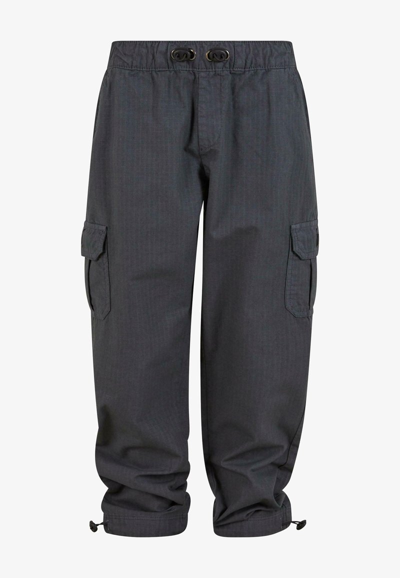 Kargo kalhoty z tmavě šedé látky s texturovaným vzorem, elastickým pasem s šňůrkami a dvěma bočními kapsami pro úložný prostor.