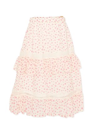 Biała spódnica warstwowa z różowym kwiatowym wzorem i koronkowymi zdobieniami, z falbaniastym dołem i elastycznym paskiem w talii.