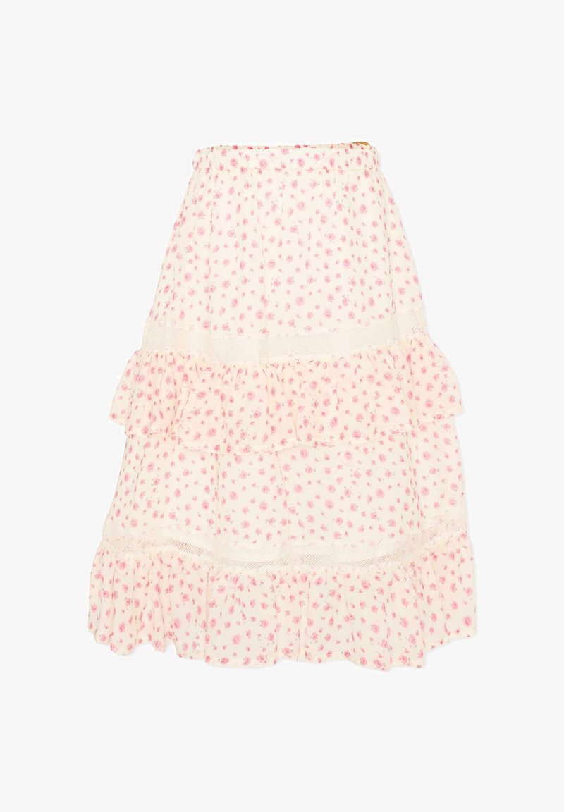 Witte gelaagde rok met een roze bloemmotief en kantafwerking, voorzien van een gerimpelde zoom en een elastische tailleband.