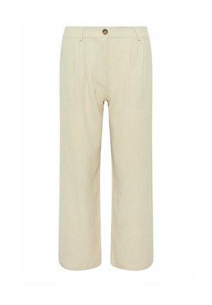 Pantalones beige de pierna ancha con cierre de botones, trabillas para cinturón y pliegues delanteros, confeccionados en tela ligera.