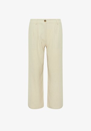 Pantalones beige de pierna ancha con cierre de botones, trabillas para cinturón y pliegues delanteros, confeccionados en tela ligera.