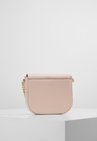 Lyserød læder crossbody taske med afrundet bund, glat tekstur, guld kæderyg og klaplukning med diskret sømdetalje.