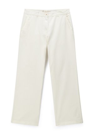Pantalon droit couleur blanc cassé avec poches latérales, passants pour ceinture, fermeture éclair et bouton à la taille.