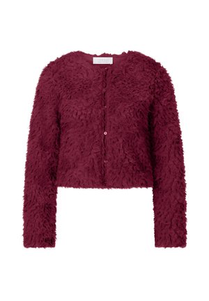 Burgundy cropped cardigan featuring a textured, fluffy material, long sleeves, and button closure at the front.
