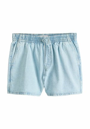 Pantaloni scurți din denim bleu deschis cu talie elastică și șnur, prevăzuți cu buzunare laterale și croială lejeră.