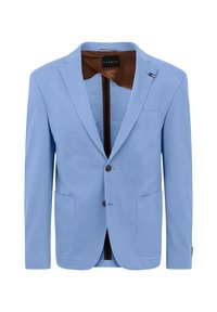 Helles blaues Blazer aus strukturiertem Stoff mit zwei frontalen Taschen, brauner Innenausstattung, zwei braunen Knöpfen und einem Reversakzent.