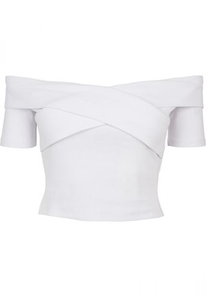 Crop top blanc à épaules dénudées en tissu côtelé avec manches courtes et un détail en tissu croisé sur la poitrine.