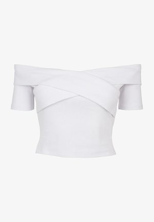 Biały prążkowany krótki top z odkrytymi ramionami, krótkimi rękawami i skrzyżowanym detalem materiału na wysokości klatki piersiowej.