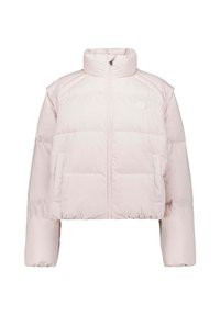 Lichtroze cropped pufferjas met een hoge kraag, ritssluiting aan de voorkant en twee zijzakken. Gemaakt van zacht, geëtst materiaal met doorgestikt ontwerp.