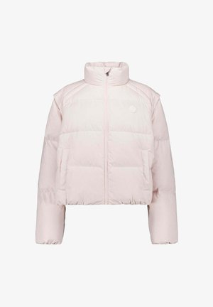 Giacca a vento corta rosa chiaro con collo alto, cerniera frontale e due tasche laterali. Realizzata in materiale morbido e strutturato con design trapuntato.