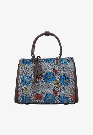 Handtasche mit dunkelbraunen Griffen, verziert mit einem geprägten Blumendesign in Blau, Rot, Gelb und Grau auf einem strukturierten grauen Hintergrund.