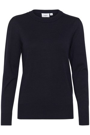 Mörkblå stickad tröja med rund halsringning, långa ärmar, ribbade ärmslut och nederkant, med en slät yta och subtila detaljer.