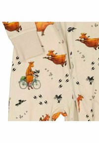 Ljusbeige overall med färgglada illustrationer av kor, fåglar och fotavtryck. Tillverkad av mjukt tyg med dragkedja framtill och manschetter vid ärmarna.