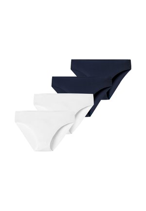 Vier nahtlose, niedrig geschnittene Bikini-Unterhosen in Marineblau und Weiß, abwechselnd auf weißem Hintergrund angeordnet.