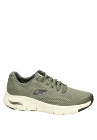 Zapatilla deportiva verde oliva con parte superior de malla transpirable, diseño de cordones, plantilla ArchFit y suela blanca acolchada; con una suela exterior de goma negra.
