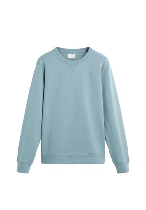 Sudadera azul claro de material suave, de manga larga, con cuello redondo, con un pequeño logotipo en el lado izquierdo del pecho y puños acanalados.