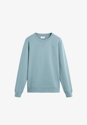 Helles blaues Sweatshirt aus weichem Material, mit langen Ärmeln, rundem Halsausschnitt, einem kleinen Logodetail auf der linken Brust und gerippten Bündchen.