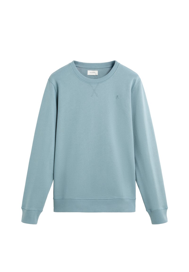 Sudadera azul claro de material suave, de manga larga, con cuello redondo, con un pequeño logotipo en el lado izquierdo del pecho y puños acanalados.