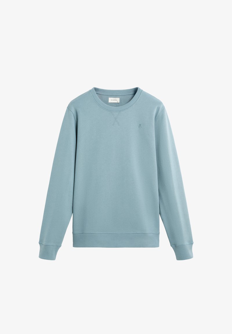 Lichtblauwe sweatshirt van zacht materiaal, lange mouwen, ronde halslijn, met een klein logo-detail op de linkerborst en ribgebreide manchetten.
