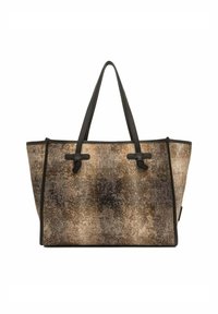 Tote bag met een gestructureerde beige en bruine buitenkant, met donkere leren accenten en handvatten. Rechthoekige vorm met een ruime indeling.