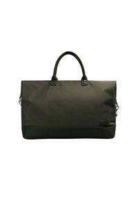 Bolsa de deporte de nylon suave en un verde oscuro, con asas robustas, lados con cremallera y un fondo de cuero texturizado. Presenta un diseño y una marca minimalistas.