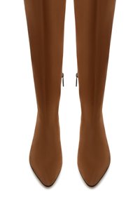 Bourgondische boven-de-knie laarzen van glad materiaal, met een spitse neus en ritsen aan de binnenzijde van de enkel. Schoon, gestroomlijnd ontwerp.