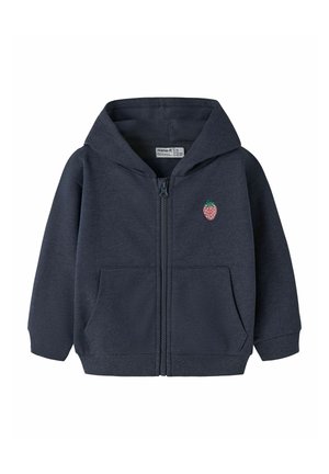 Sweat à capuche zippé bleu marine pour enfants avec poches avant et petite fraise brodée sur la poitrine gauche.