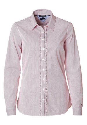 Overhemd met lange mouwen en kraag, voorzien van dunne rood-witte verticale strepen en ruches langs de knoopsluiting.