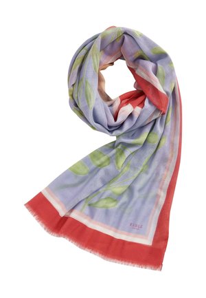 Sciarpa leggera in morbido tessuto con uno sfondo lavanda e motivi di foglie verdi, bordata da strisce rosse e crema, con dettagli in frangia.